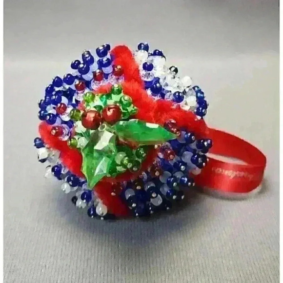 Patriotic America Push Pin Christmas Ornament 4" Beaded Red White & Blue Sequins - Picture 3 of 4